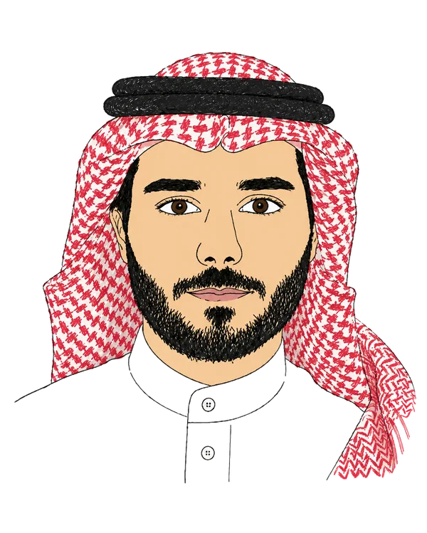 Cartoon portrait of Abdulla AlBassam in traditional Saudi attire