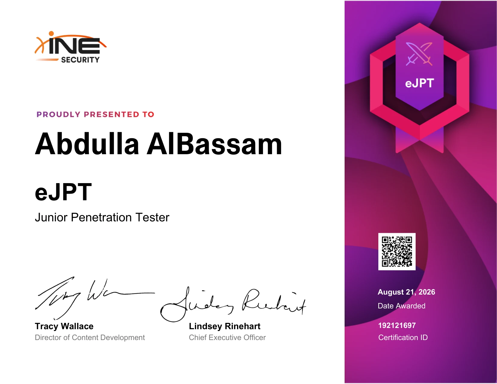 eJPT Junior Penetration Tester certificate from INE Security, awarded to Abdulla AlBassam on 21 August 2026