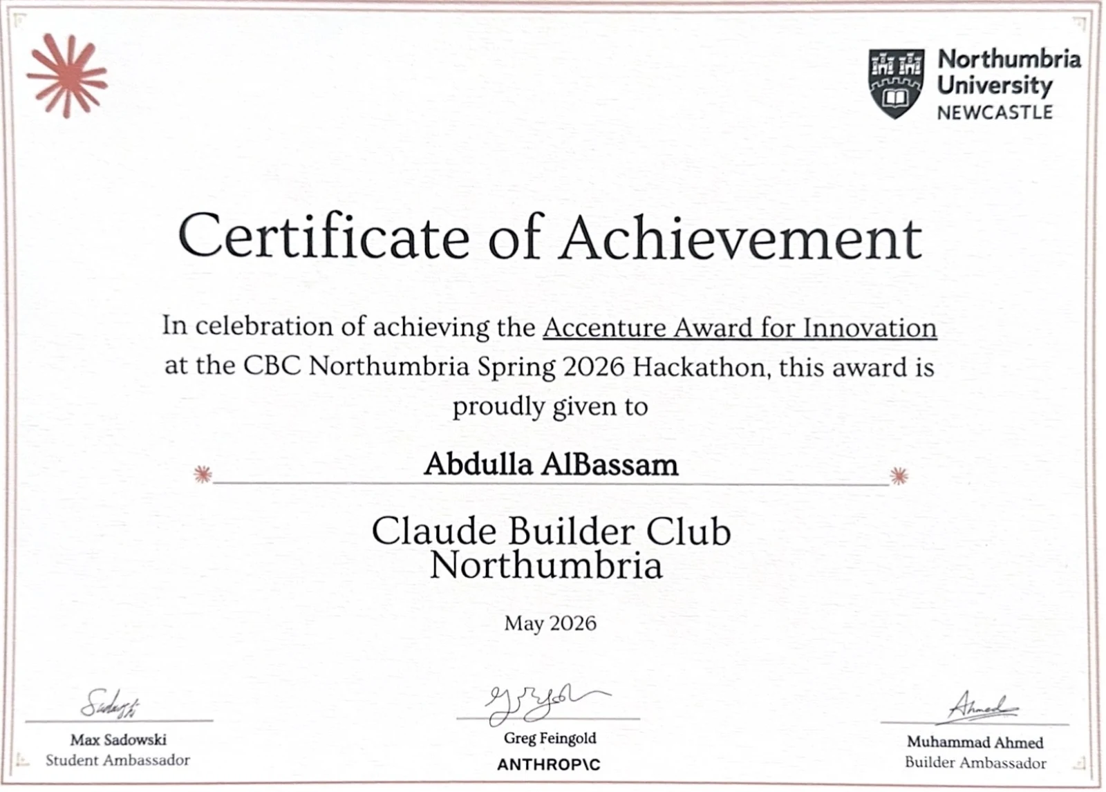 Certificate of Achievement – Accenture Award for Innovation, Anthropic × Accenture Hackathon, Northumbria University, May 2026